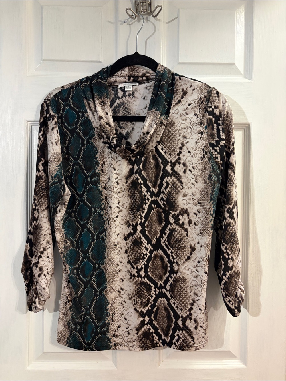 erin london Teal and Brown Snake Print Cowl Neck Top
